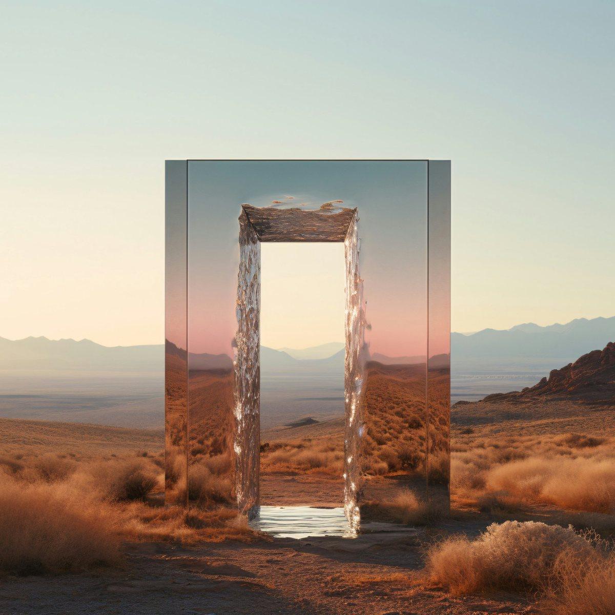 A mirrored doorway standing in a desert landscape at sunrise